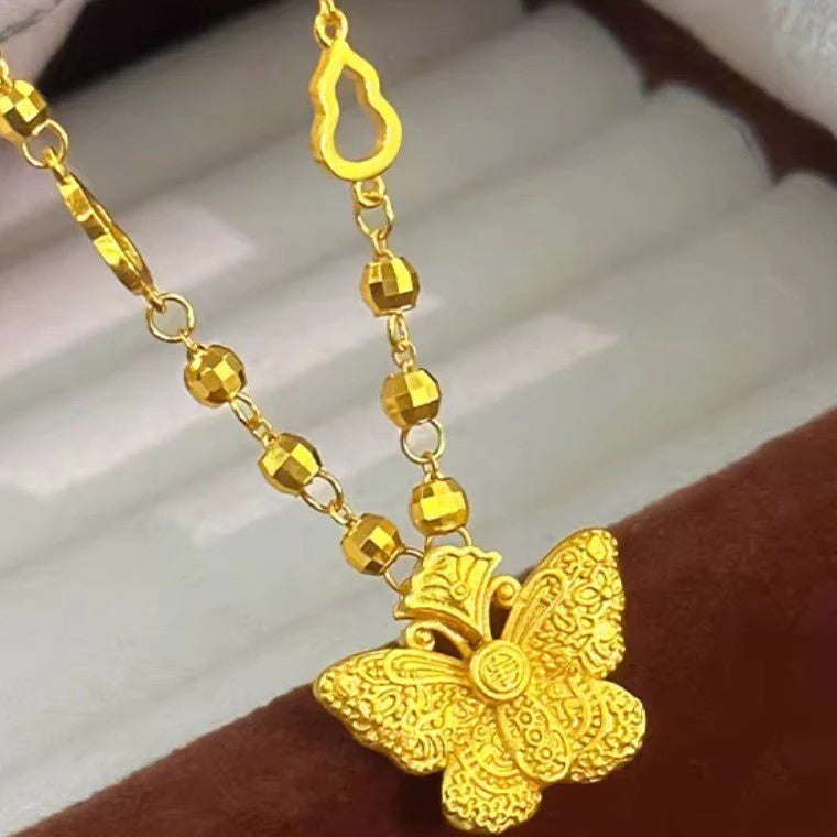 Chiseled Golden Butterfly Gourd Laser-Embossed Bead Gold Necklace