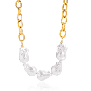 Elegant 18K Gold Stainless Steel Baroque Pearl Necklace