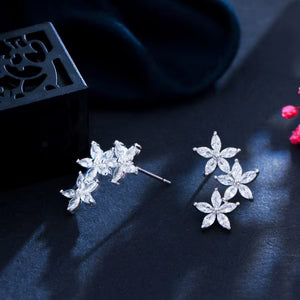 Silver-Plated Cubic Zirconia Cluster Flower And Leaf Stud Earrings