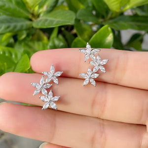 Silver-Plated Cubic Zirconia Cluster Flower And Leaf Stud Earrings