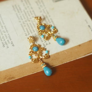 Vintage Palace Style Turquoise Earrings - Handcrafted Floral Carved Drop Earrings