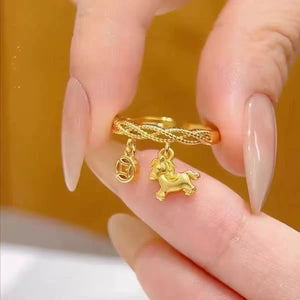 Women's Lucky Gold Horse Coin Ring, Open Adjustable Index Finger Band, Horse Year Zodiac Birth Year Fortune Ring
