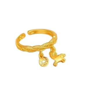 Women's Lucky Gold Horse Coin Ring, Open Adjustable Index Finger Band, Horse Year Zodiac Birth Year Fortune Ring